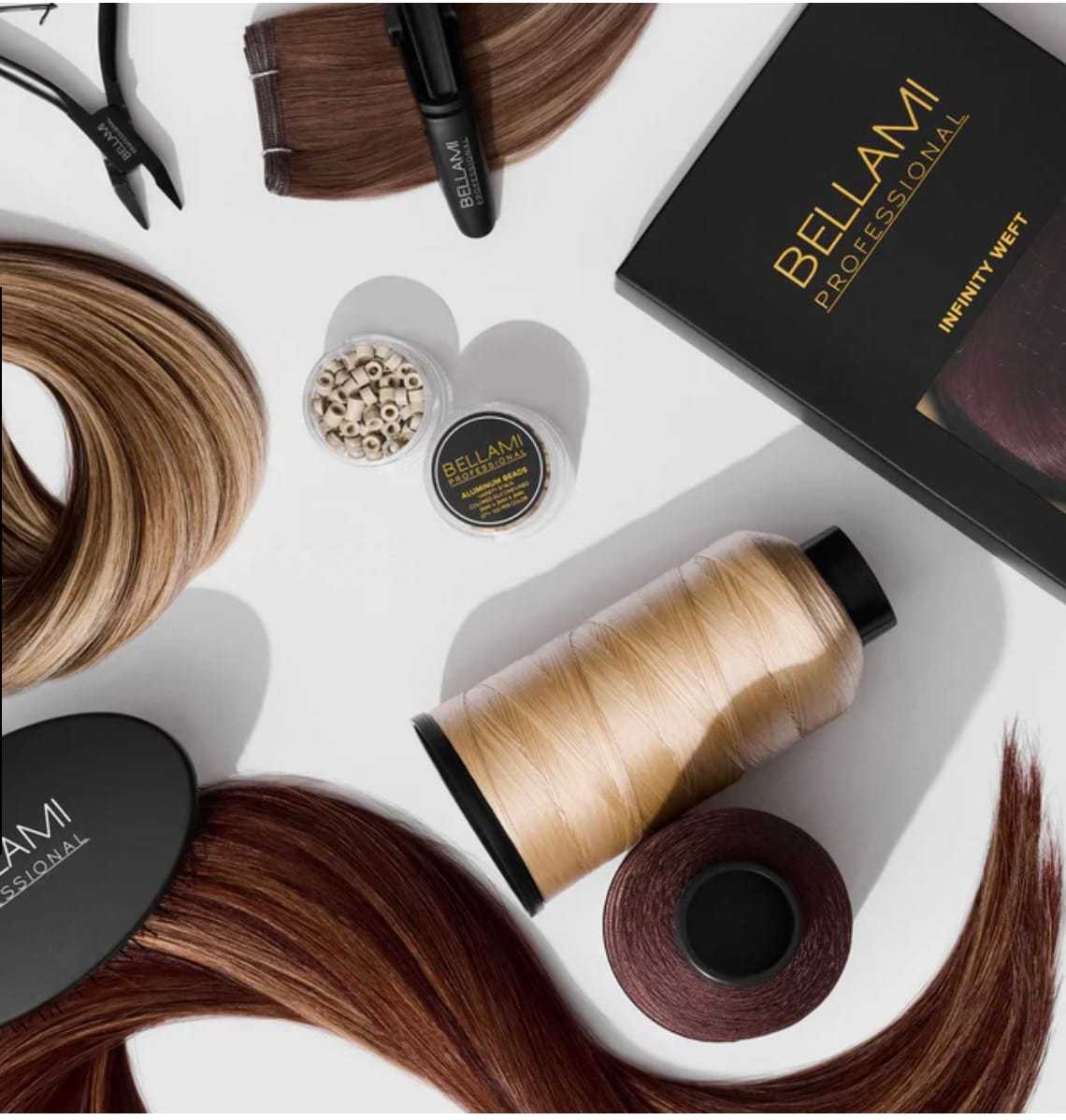 Hair extension tools: various hair wefts, beads, and styling accessories from Bellami Professional.